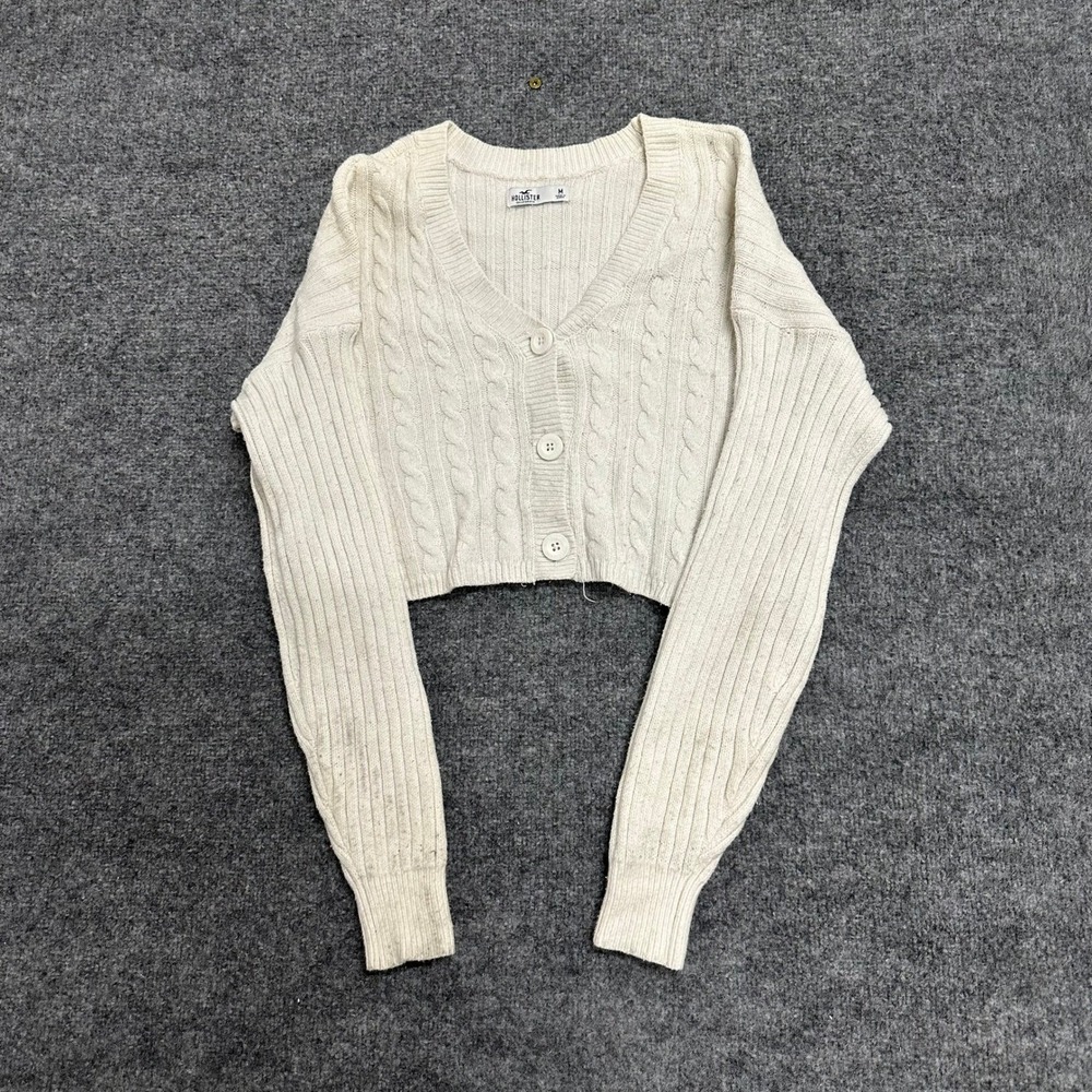 Hollister Cardigan Womens Size M White Cable Knit Cropped Button Front Sweater